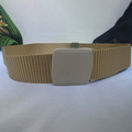 Tactical military-style nylon web belt in tan color with durable plastic buckle, ideal for outdoor activities and daily wear.