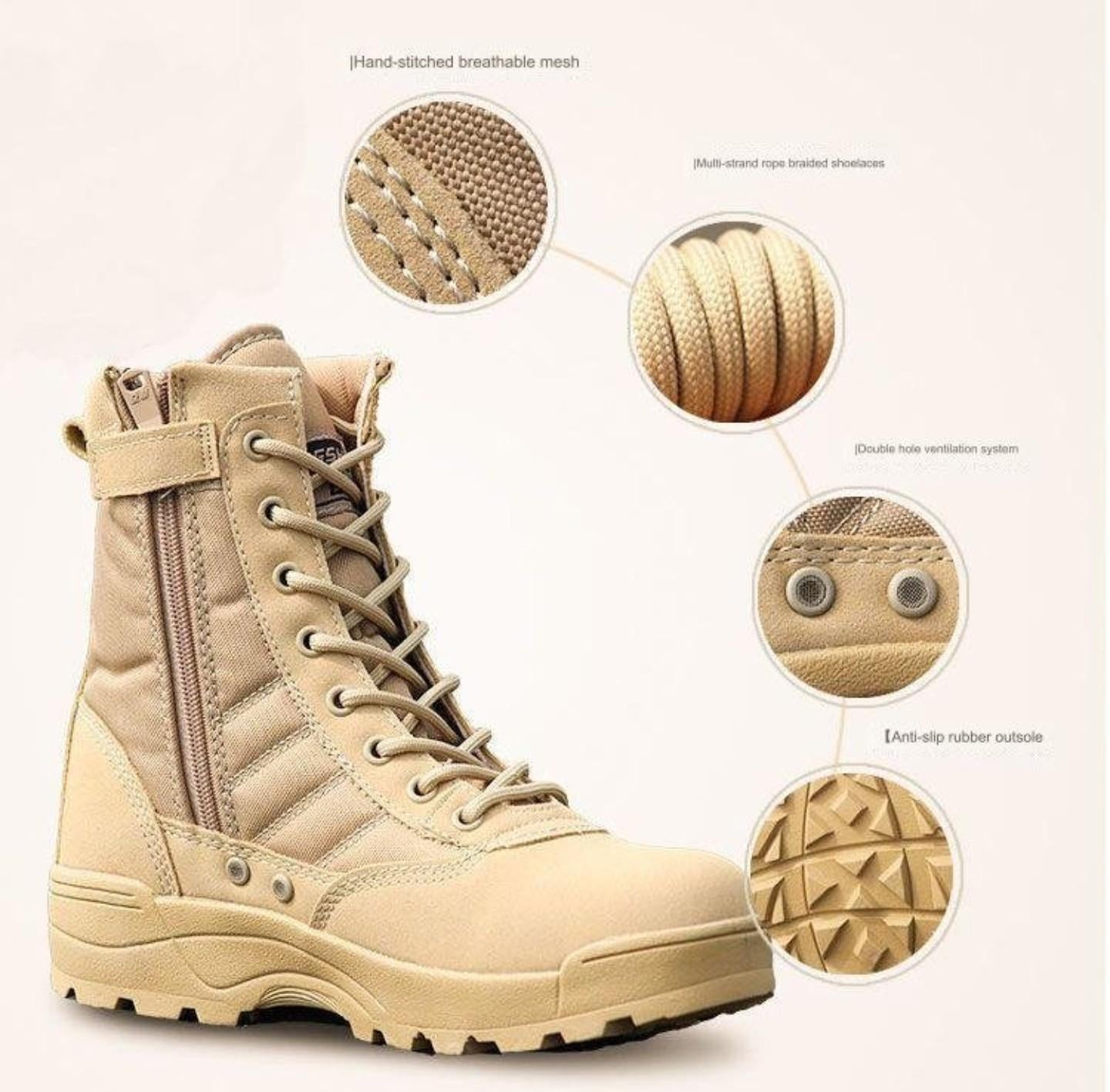 Tactical desert combat boot showcasing breathable mesh, ventilation system, and anti-slip rubber outsole.