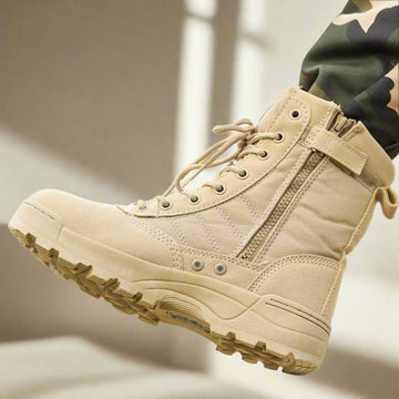 Tactical desert combat boot displayed in action, showcasing lightweight design and rugged all-terrain features.