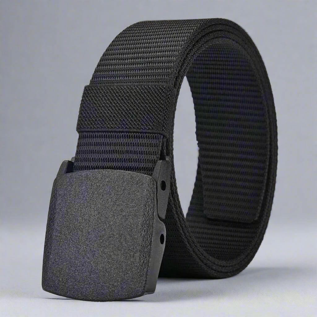 Black tactical nylon web belt with durable buckle, perfect for military, outdoor use, and everyday support.