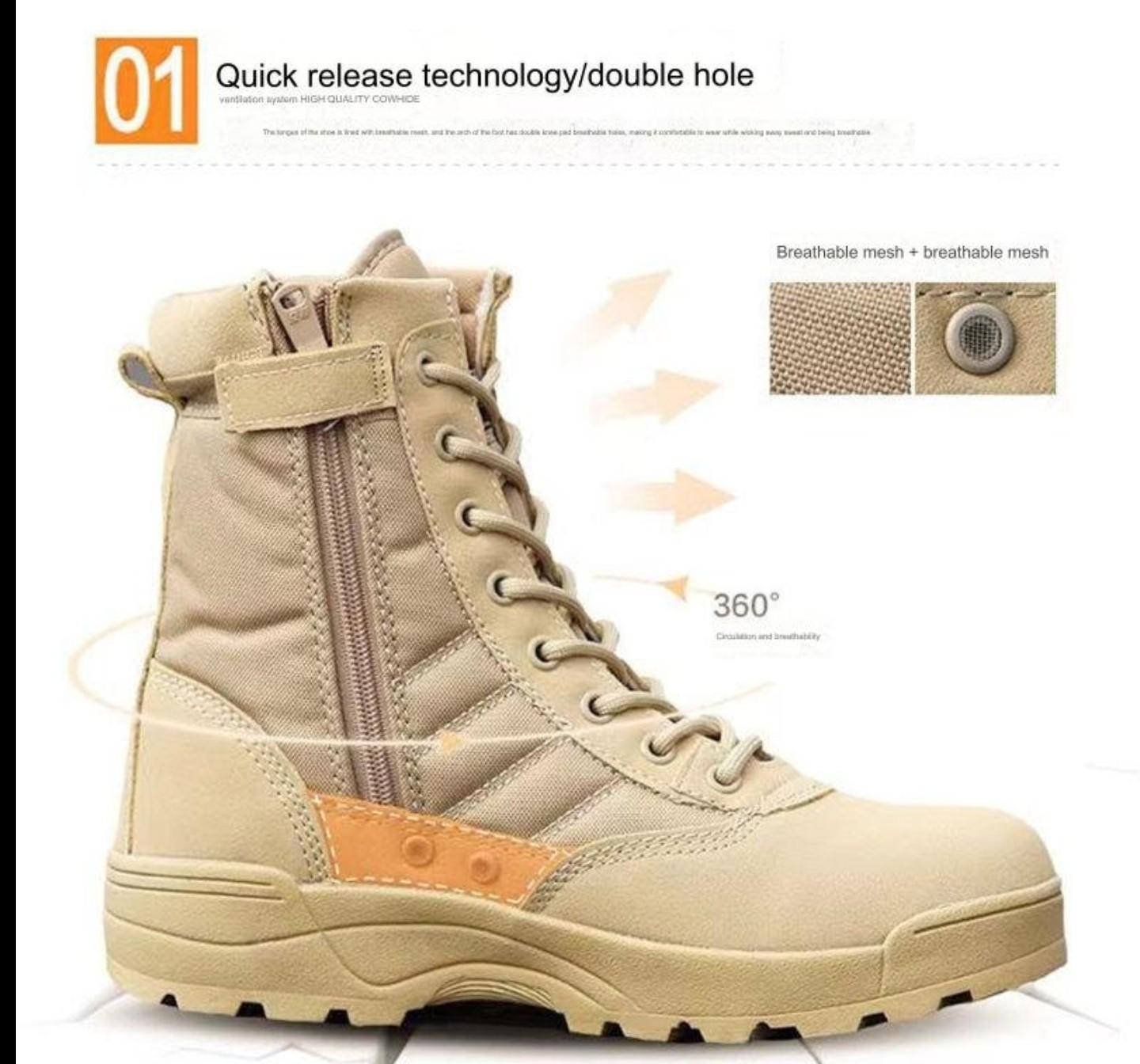 Tactical Desert Combat Boots showcasing quick release technology and breathable mesh for all-terrain performance.